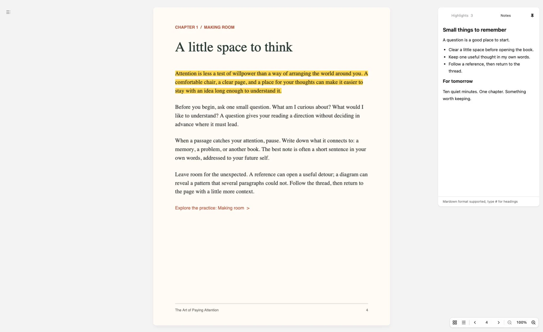Page 4, “A little space to think”, with its first passage highlighted in yellow. Beside it, a book note titled “Small things to remember” with a bulleted list and a line for tomorrow.