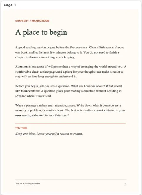 Preview of page 3, “A place to begin”, opened from a link on page 4.