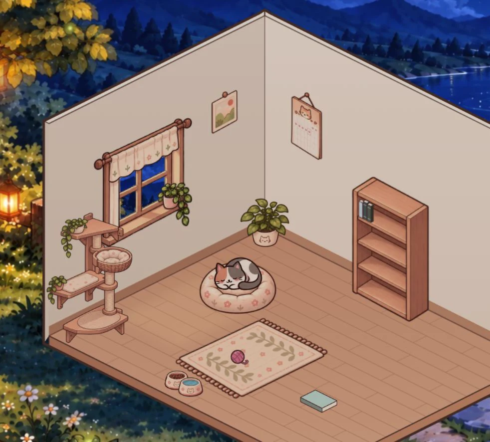 The same room at night, with Mocha asleep in the cushioned bed and a lantern-lit garden outside.